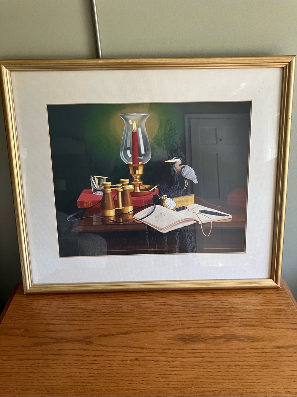 Interesting Gold Frames 18 x 21”  Still Life Candle Bird Binoculars